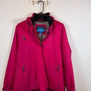 Women's Hooded Ski Jacket - Bright Fuchsia Pink with Hood. Zipper and Velcro